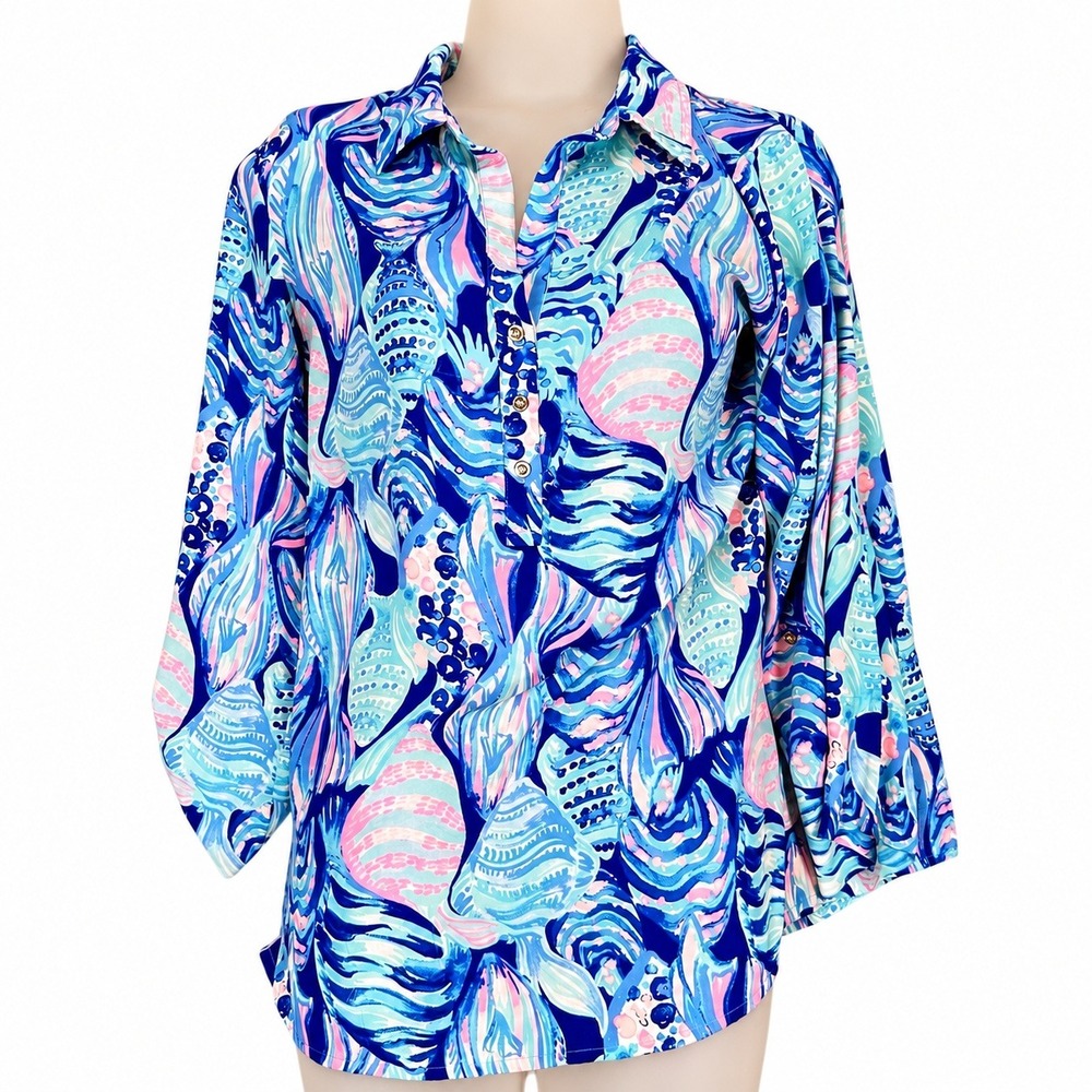 Lilly Pulitzer Everglades Tunic Top Womens Small Twilight Blue Scale Up Resort